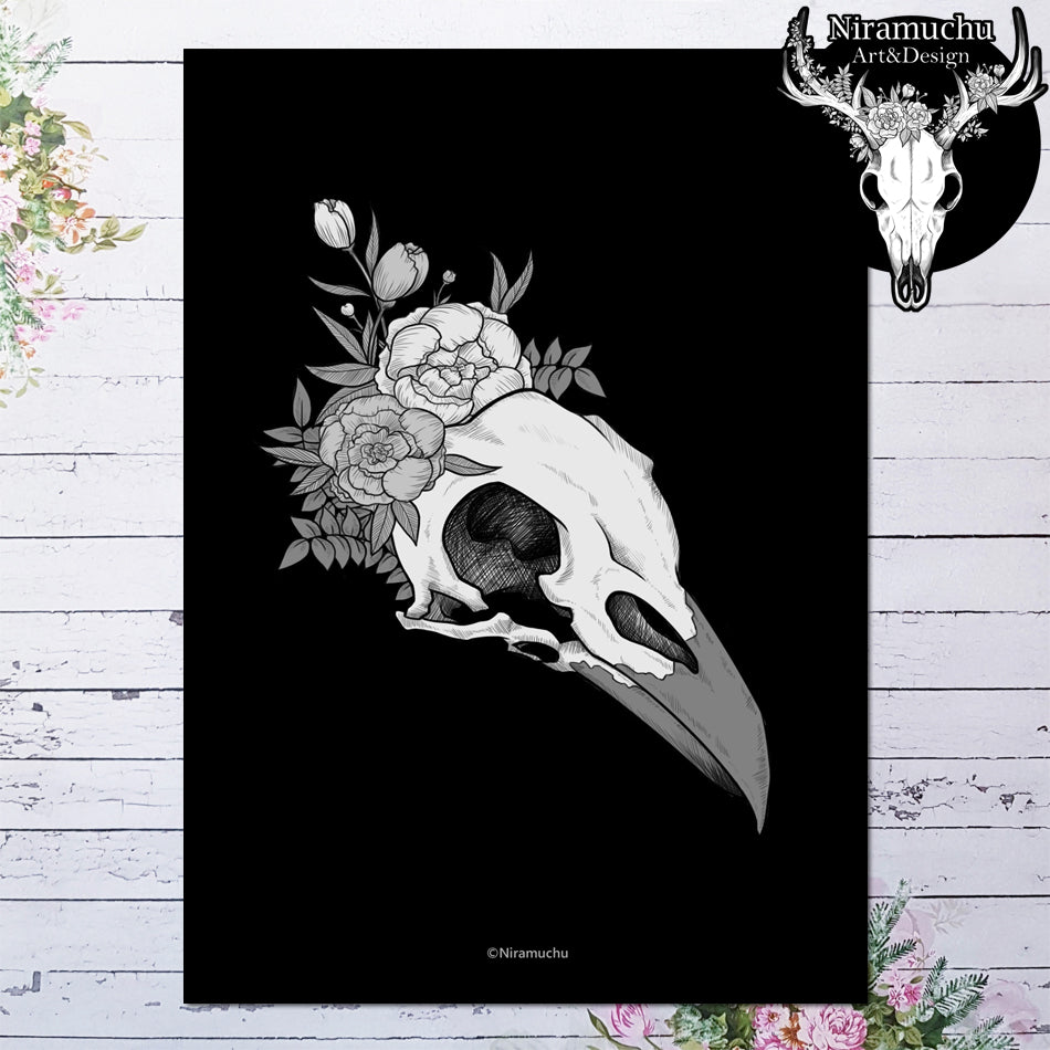 Classic Skull Print: Bird A4 Black