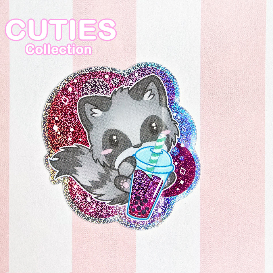CUTIES Raccoon with Boba Glitter Sticker