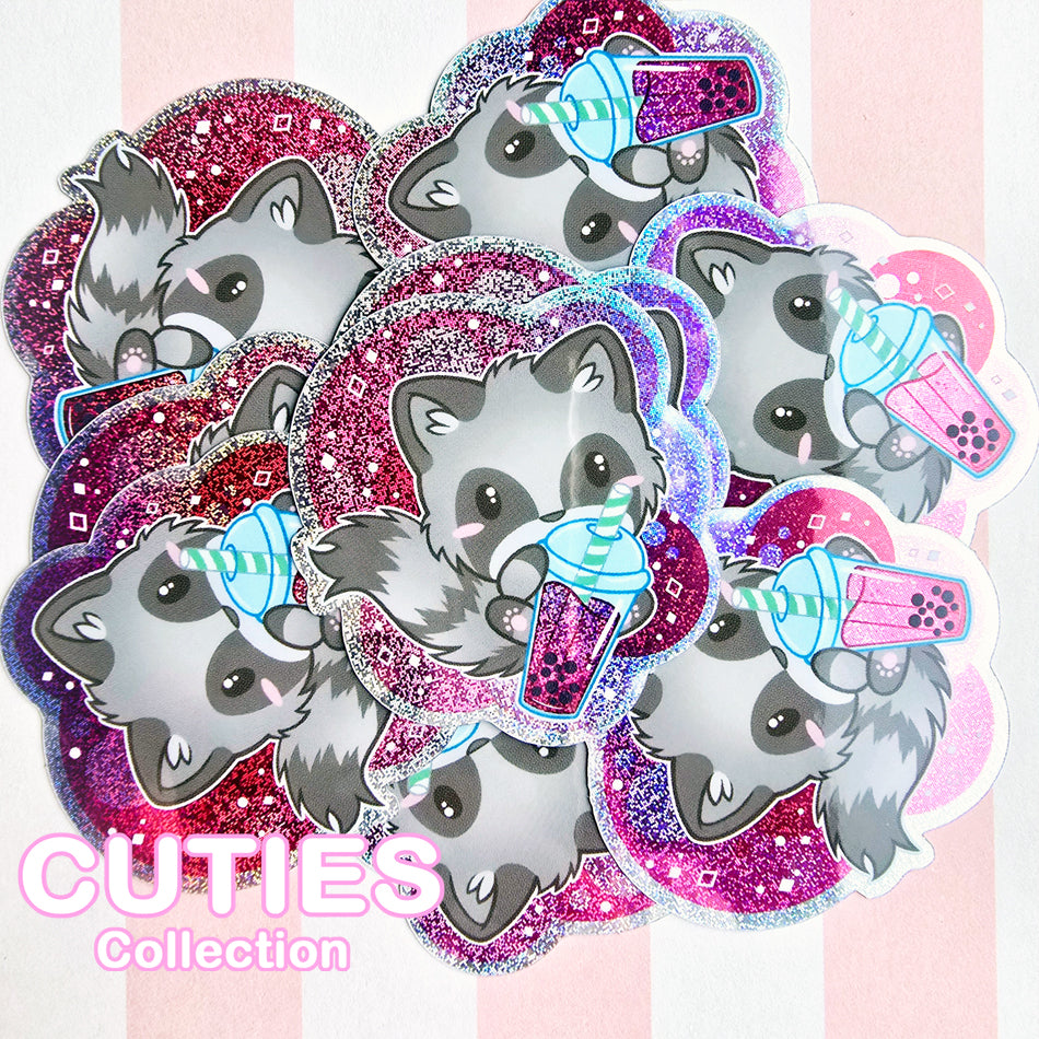 CUTIES Raccoon with Boba Glitter Sticker