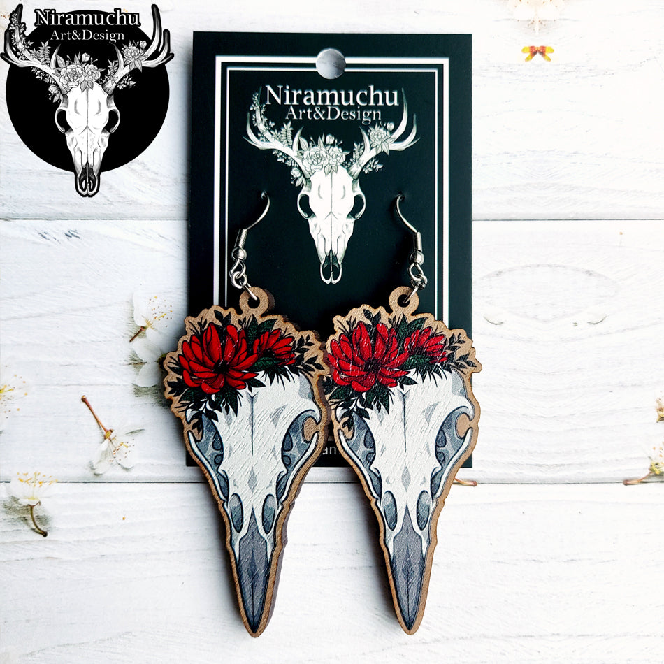 Floral Bird Skull Earrings