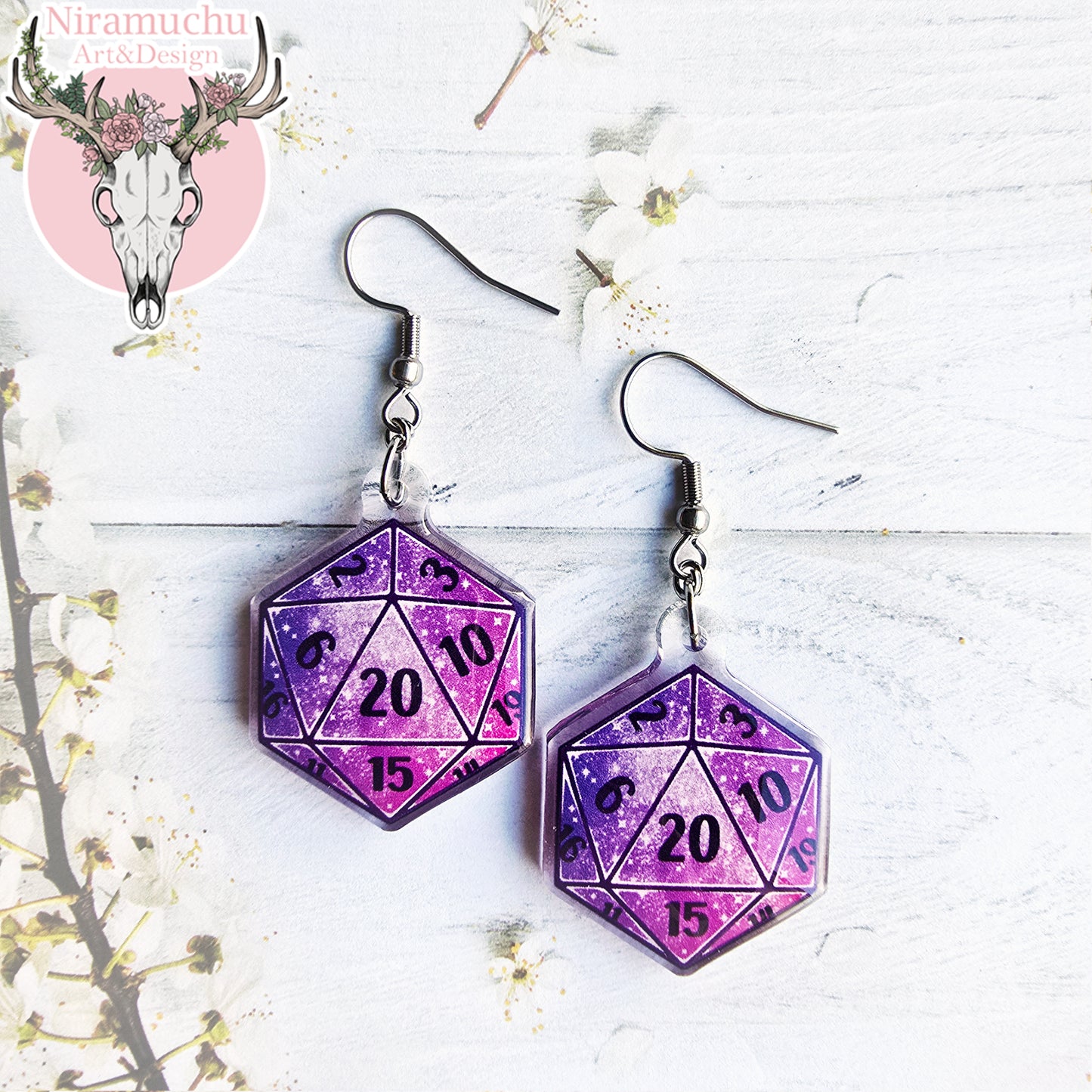 Gamer Charms: Galaxy Dice Violet Earrings