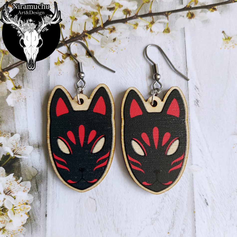 Kitsune Mask Black Earrings