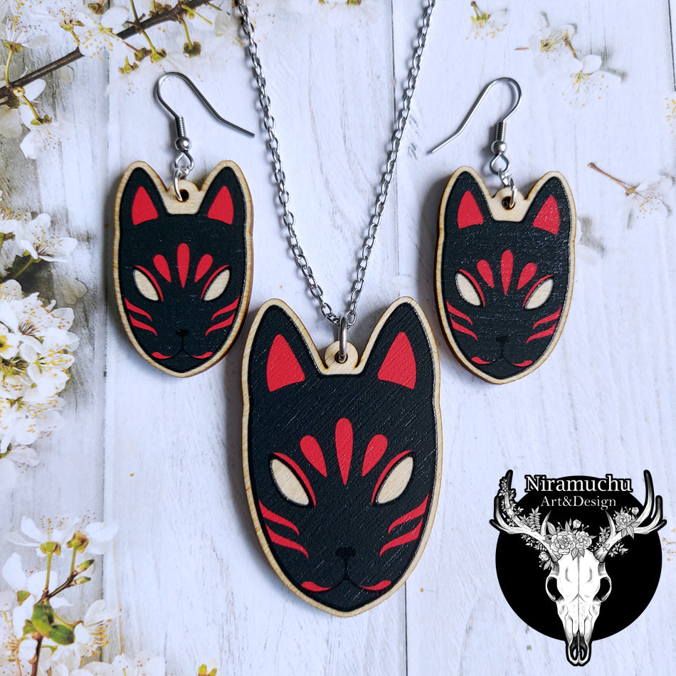 Kitsune Mask Black Earrings