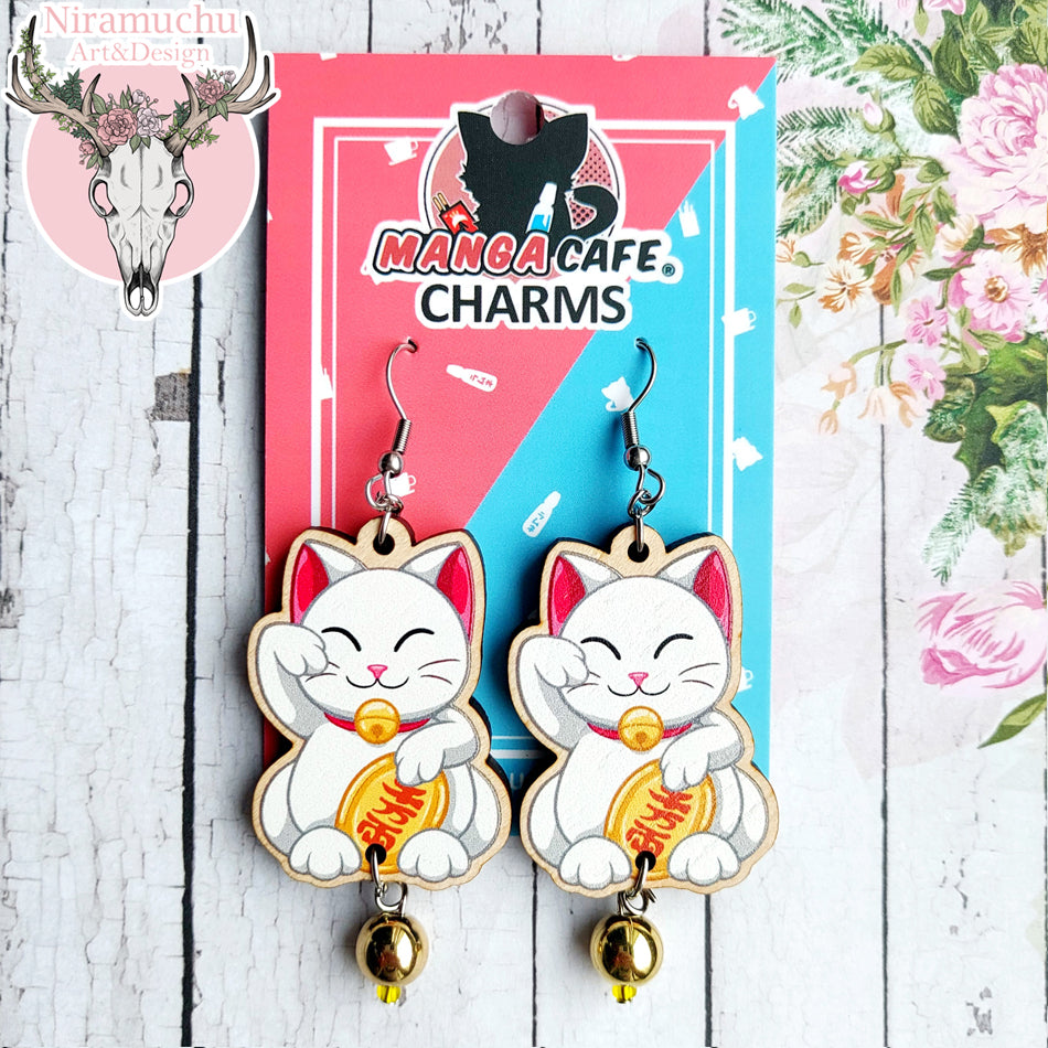 Manga Cafe Maneki Neko White Earrings