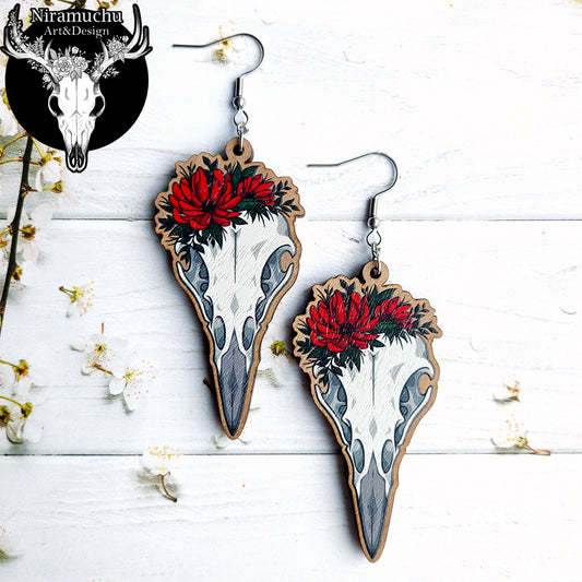 Floral Bird Skull Earrings