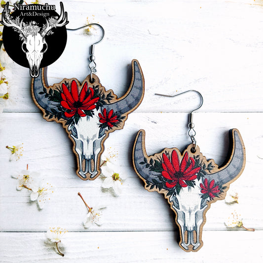 Floral Cow Skull Earrings