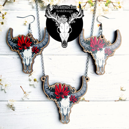 Floral Cow Skull Earrings