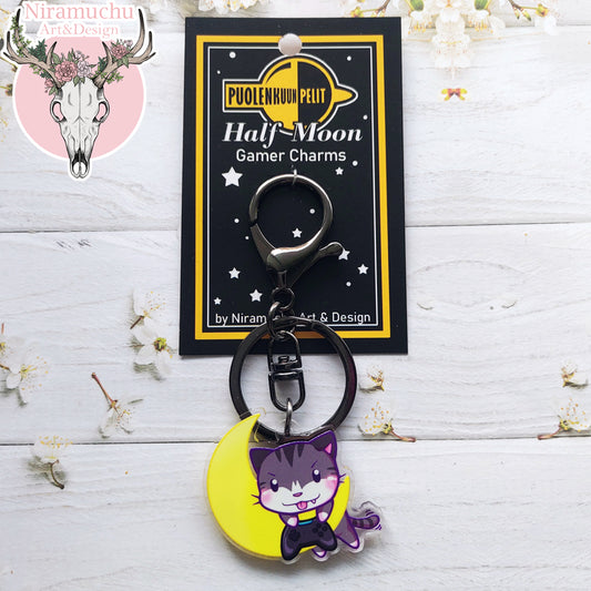 Gamer Cats: Half Moon Gamer Keycharm