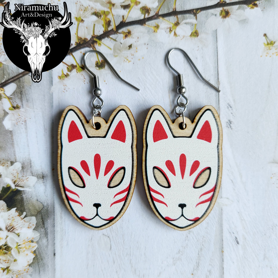 Kitsune Mask White Earrings