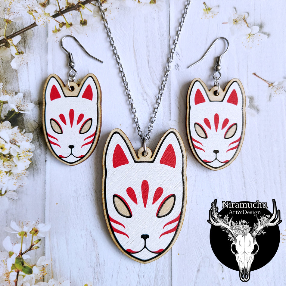 Kitsune Mask White Earrings