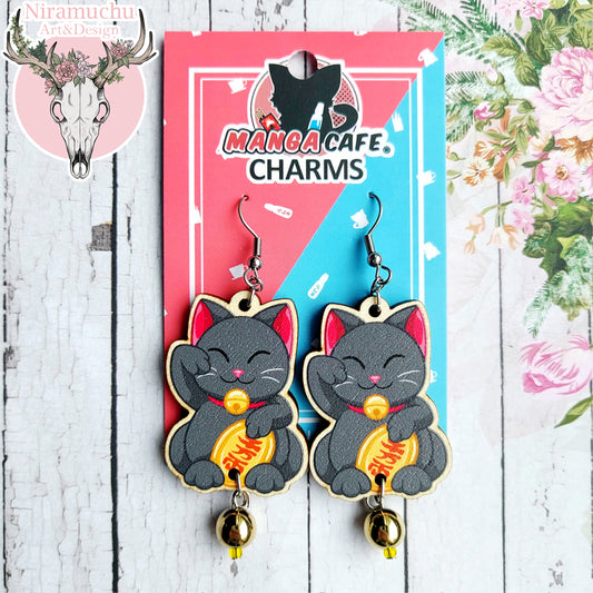 Maneki Neko Black Earrings