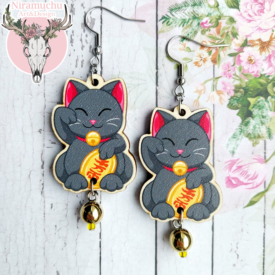 Maneki Neko Black Earrings