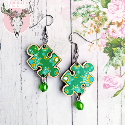 Puzzle Charms: Mandala Puzzle Green Earrings