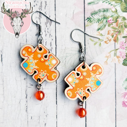 Puzzle Charms: Mandala Puzzle Orange Earrings