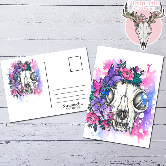 Skull & Butterflies Cat Postcard