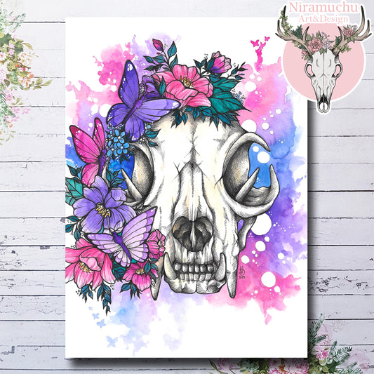 Skull & Butterflies Cat Print A4