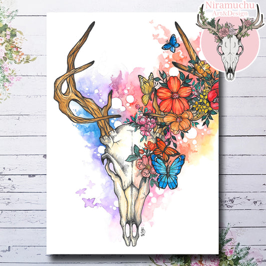 Skull & Butterflies Deer Print A4